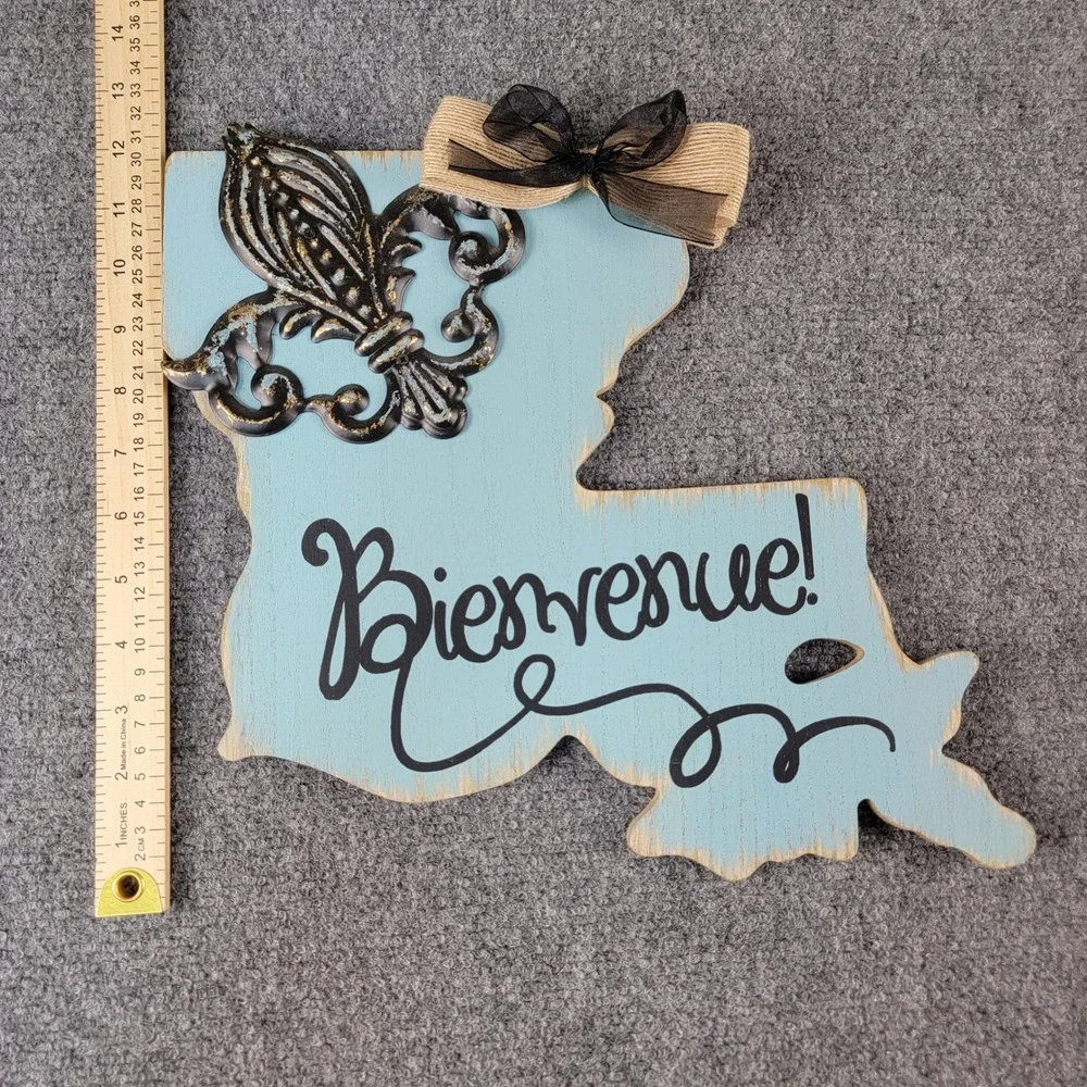 Louisiana State Blue Wooden Wall Decor Sign Cutout Fleur De Lis Bow 13
